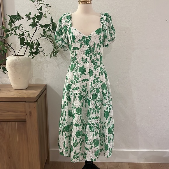 Rachel Parcell | Stencil Floral Eyelet Puff Sleeve Midi Dress Foliage Green - Picture 4 of 12